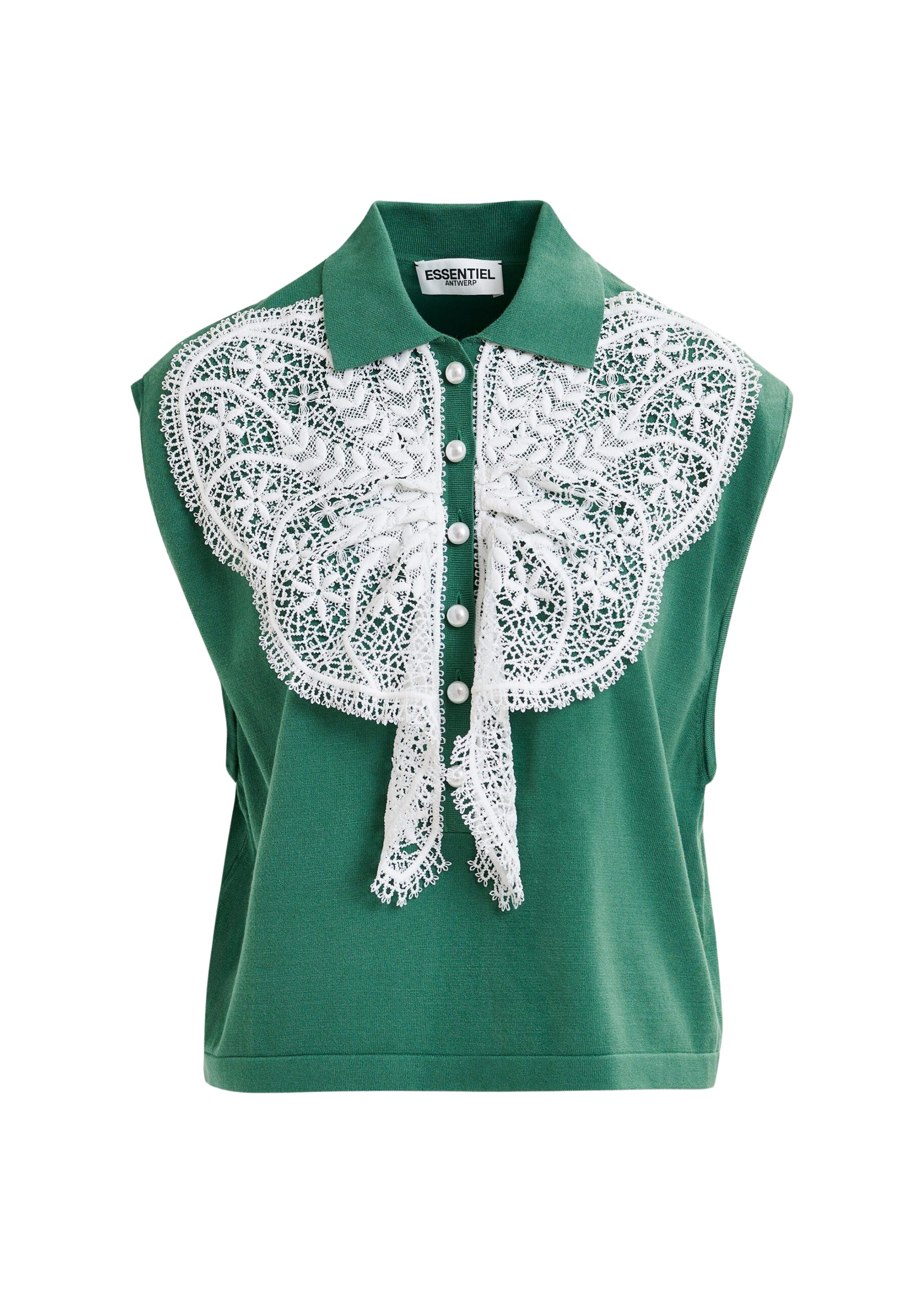 Essentiel Antwerp Green and white sleeveless polo with lace details and pearl buttons - Essentiel Antwerp Tops - Colorful Belgian Design - Shop at Coveti