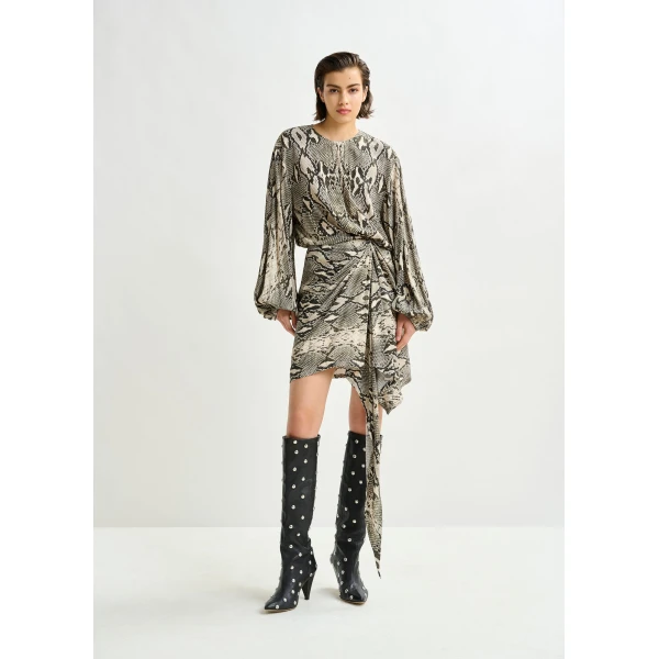 Essentiel Antwerp Green, beige and black gathered mini dress with draped skirt, view 2