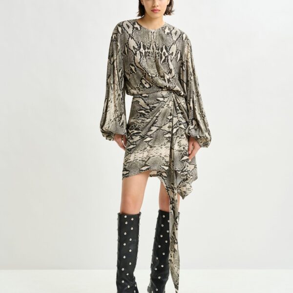 beige and black gathered mini dress with draped skirt - Essentiel Antwerp Dresses - Colorful Belgian Design - Shop at Coveti