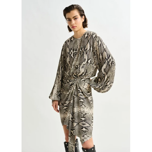 Essentiel Antwerp Green, beige and black gathered mini dress with draped skirt, view 4