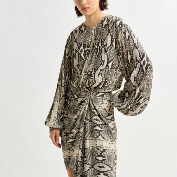 beige and black gathered mini dress with draped skirt - Essentiel Antwerp Dresses - Colorful Belgian Design - Shop at Coveti