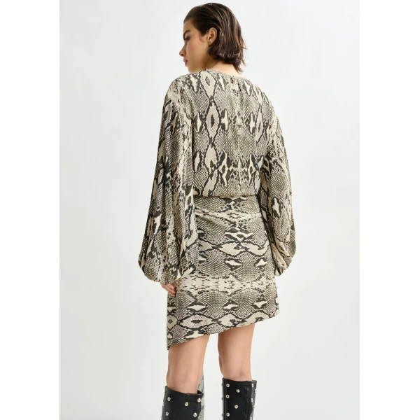 Essentiel Antwerp Green, beige and black gathered mini dress with draped skirt, view 5