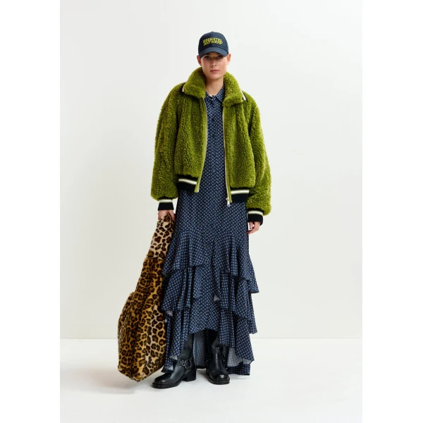 Essentiel Antwerp Green, black and white oversized faux shearling bomber jacket, view 2