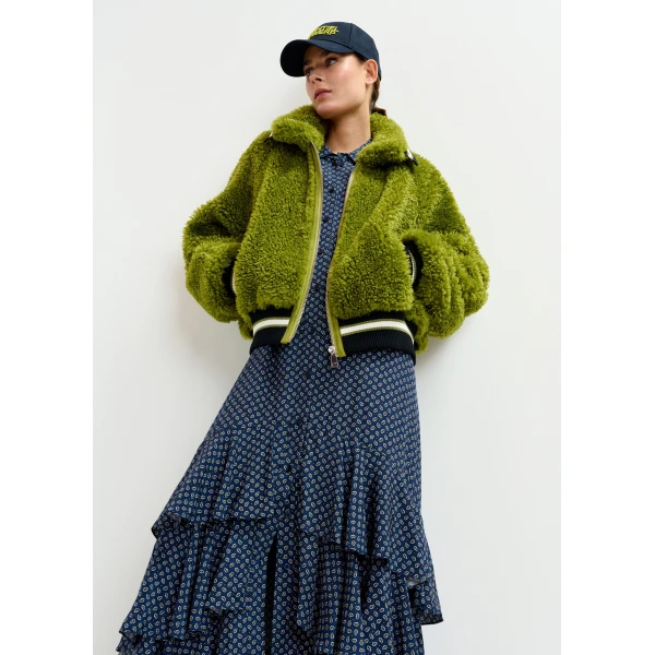 Essentiel Antwerp Green, black and white oversized faux shearling bomber jacket, view 3