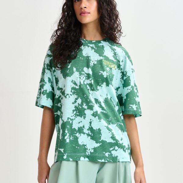 blue and yellow oversized cotton-linen blend T-shirt with embroidery - Essentiel Antwerp Shirts - Colorful Belgian Design - Shop at Coveti