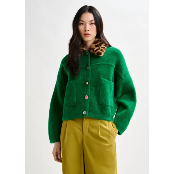 Essentiel Antwerp Green cardigan with removable leopard faux fur collar, view 2