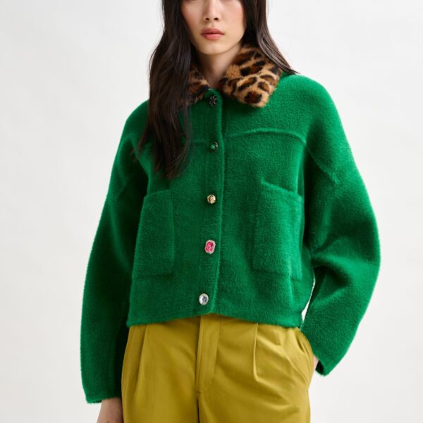 Essentiel Antwerp Green cardigan with removable leopard faux fur collar - Essentiel Antwerp Knitwear - Colorful Belgian Design - Shop at Coveti