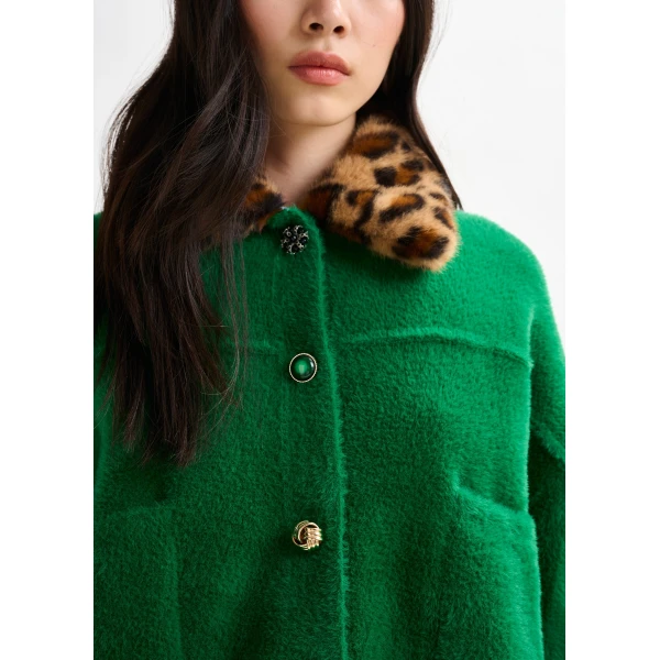 Essentiel Antwerp Green cardigan with removable leopard faux fur collar, view 3