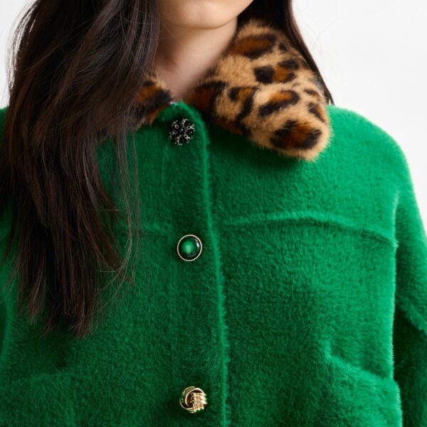 Essentiel Antwerp Green cardigan with removable leopard faux fur collar - Essentiel Antwerp Knitwear - Colorful Belgian Design - Shop at Coveti
