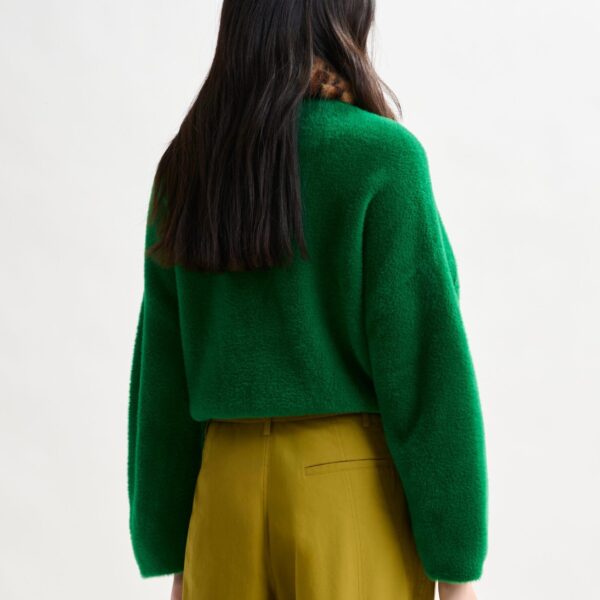Essentiel Antwerp Green cardigan with removable leopard faux fur collar - Essentiel Antwerp Knitwear - Colorful Belgian Design - Shop at Coveti