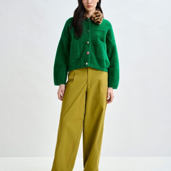 Essentiel Antwerp Green cardigan with removable leopard faux fur collar - Essentiel Antwerp Knitwear - Colorful Belgian Design - Shop at Coveti