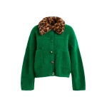 Essentiel Antwerp Green cardigan with removable leopard faux fur collar - Essentiel Antwerp Knitwear - Colorful Belgian Design - Shop at Coveti