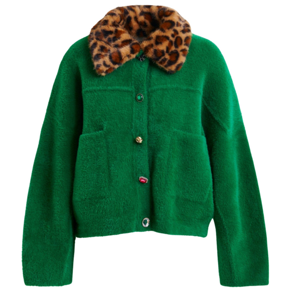 Essentiel Antwerp Green cardigan with removable leopard faux fur collar - Essentiel Antwerp Knitwear - Colorful Belgian Design - Shop at Coveti