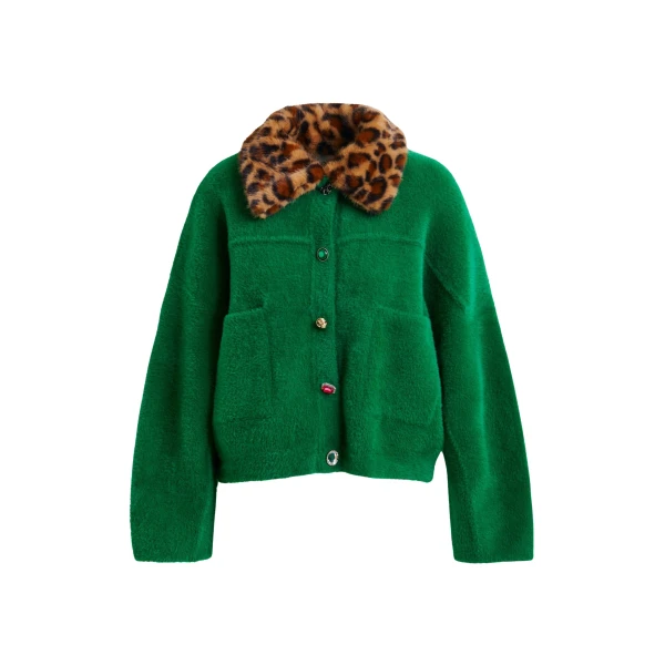 Essentiel Antwerp Green cardigan with removable leopard faux fur collar - Essentiel Antwerp Knitwear - Colorful Belgian Design - Shop at Coveti