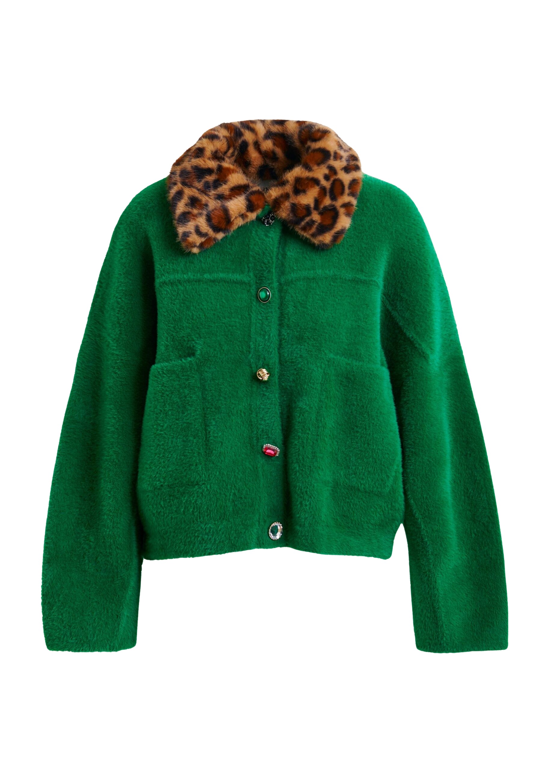 Essentiel Antwerp Green cardigan with removable leopard faux fur collar - Essentiel Antwerp Knitwear - Colorful Belgian Design - Shop at Coveti