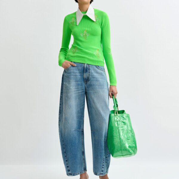 Essentiel Antwerp Green knitted sweater with floral embroideries - Essentiel Antwerp Knitwear - Colorful Belgian Design - Shop at Coveti