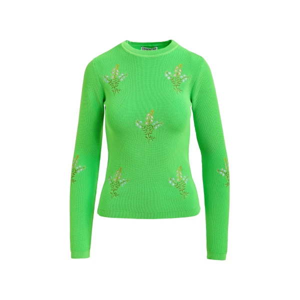 Essentiel Antwerp Green knitted sweater with floral embroideries - Essentiel Antwerp Knitwear - Colorful Belgian Design - Shop at Coveti