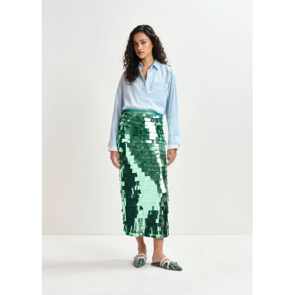 Essentiel Antwerp Green pencil skirt with sequin embellishments, view 2