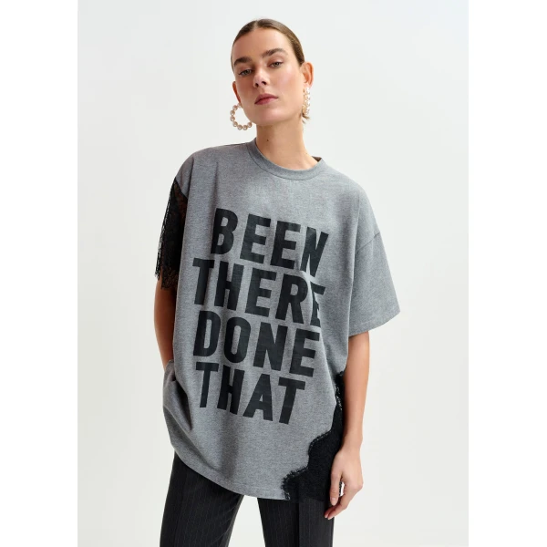 Essentiel Antwerp Grey and black graphic cotton T-shirt with lace details Top, view 2