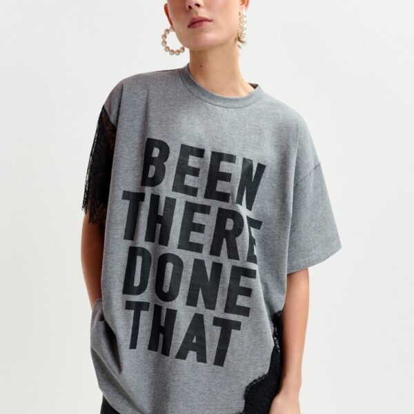 Essentiel Antwerp Grey and black graphic cotton T-shirt with lace details - Essentiel Antwerp Shirts - Colorful Belgian Design - Shop at Coveti
