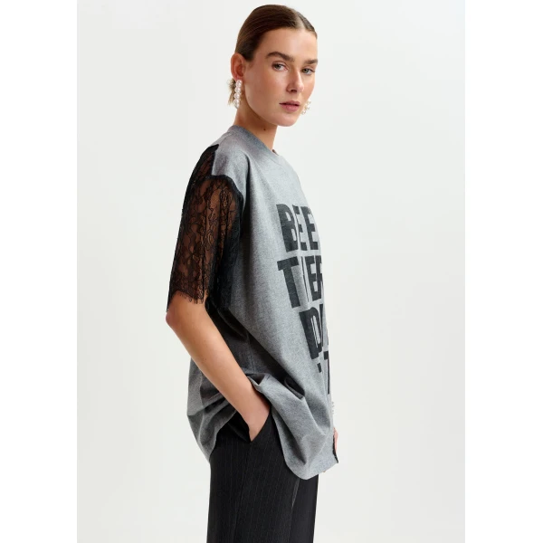 Essentiel Antwerp Grey and black graphic cotton T-shirt with lace details Top, view 3