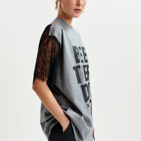 Essentiel Antwerp Grey and black graphic cotton T-shirt with lace details - Essentiel Antwerp Shirts - Colorful Belgian Design - Shop at Coveti