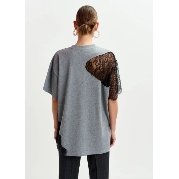 Essentiel Antwerp Grey and black graphic cotton T-shirt with lace details Top, view 4
