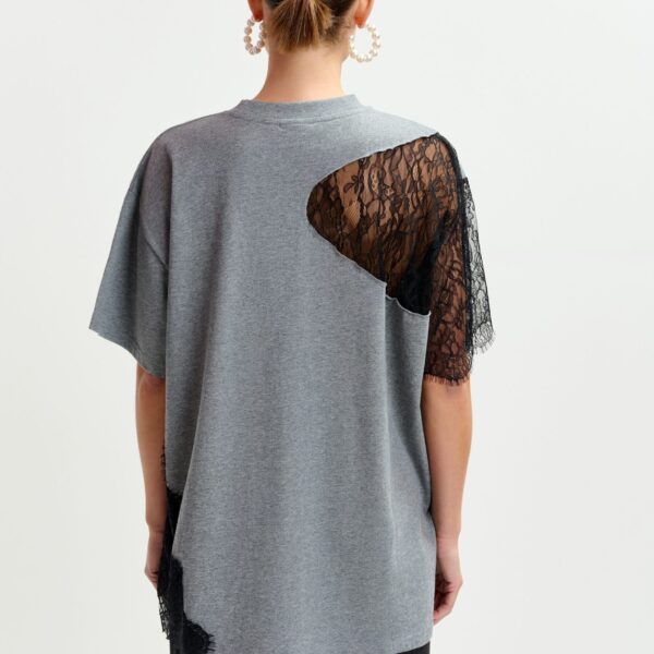 Essentiel Antwerp Grey and black graphic cotton T-shirt with lace details - Essentiel Antwerp Shirts - Colorful Belgian Design - Shop at Coveti