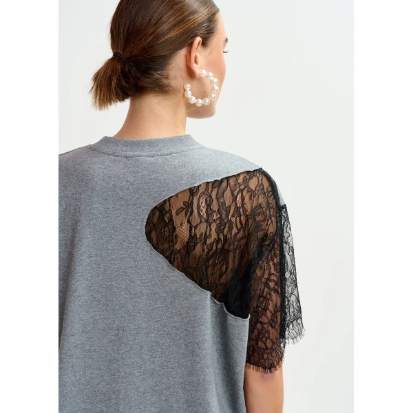 Essentiel Antwerp Grey and black graphic cotton T-shirt with lace details Top, view 5
