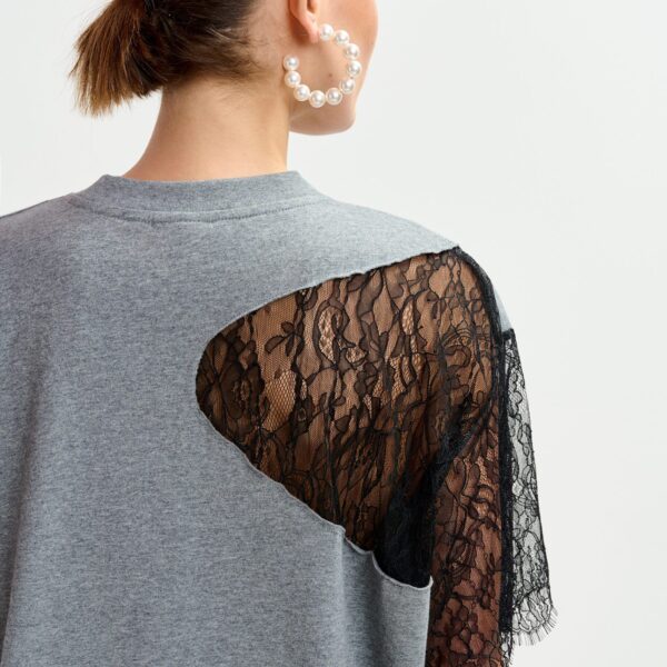 Essentiel Antwerp Grey and black graphic cotton T-shirt with lace details - Essentiel Antwerp Shirts - Colorful Belgian Design - Shop at Coveti