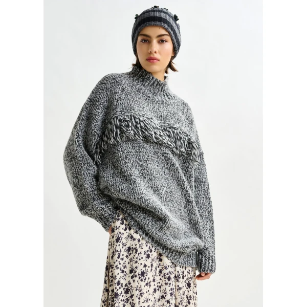Essentiel Antwerp Grey and black wool-blend sweater with fringe details, view 2
