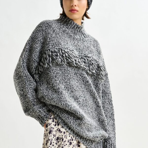 Essentiel Antwerp Grey and black wool-blend sweater with fringe details - Essentiel Antwerp Knitwear - Colorful Belgian Design - Shop at Coveti