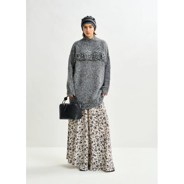 Essentiel Antwerp Grey and black wool-blend sweater with fringe details, view 5