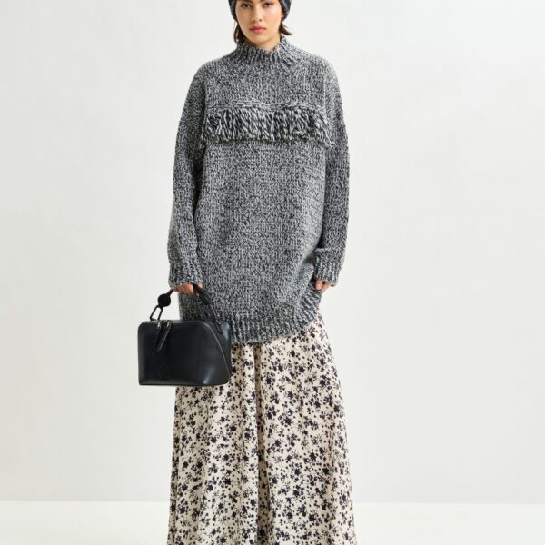 Essentiel Antwerp Grey and black wool-blend sweater with fringe details - Essentiel Antwerp Knitwear - Colorful Belgian Design - Shop at Coveti