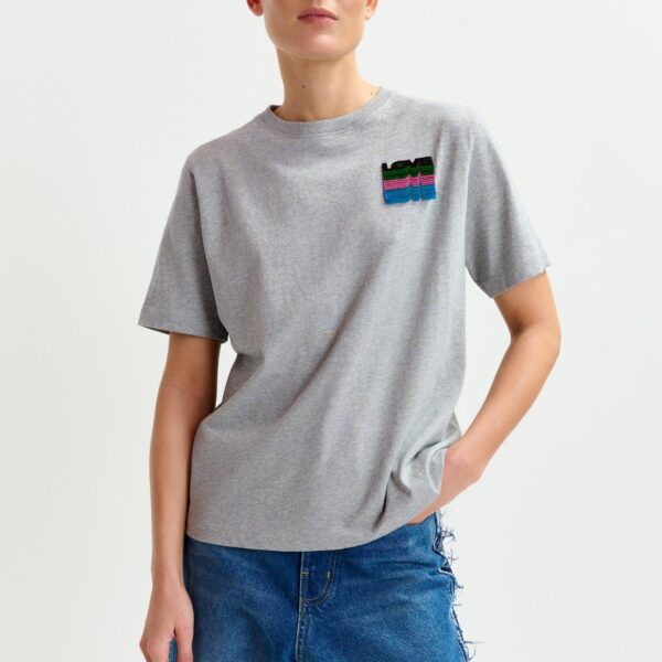 Essentiel Antwerp Grey and multicolor cotton T-shirt with sequin embroidery - Essentiel Antwerp Shirts - Colorful Belgian Design - Shop at Coveti