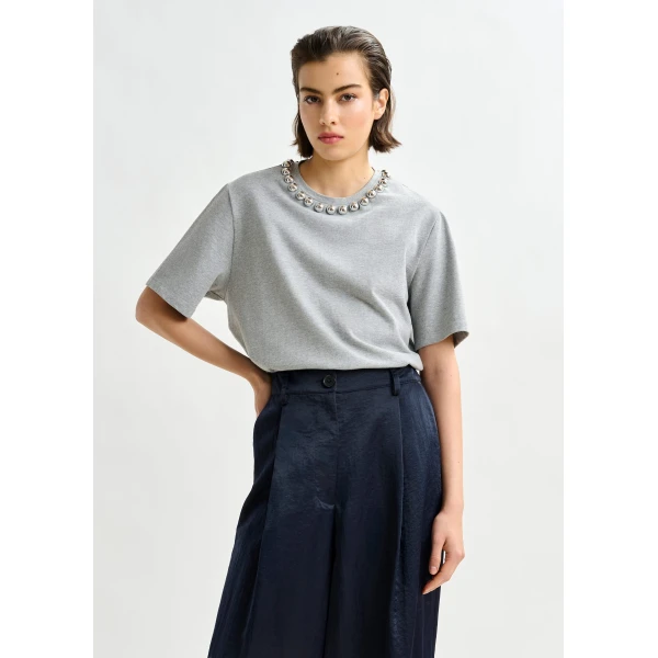 Essentiel Antwerp Grey and silver cotton T-shirt with metallic pearl-style embellishments Top, view 2