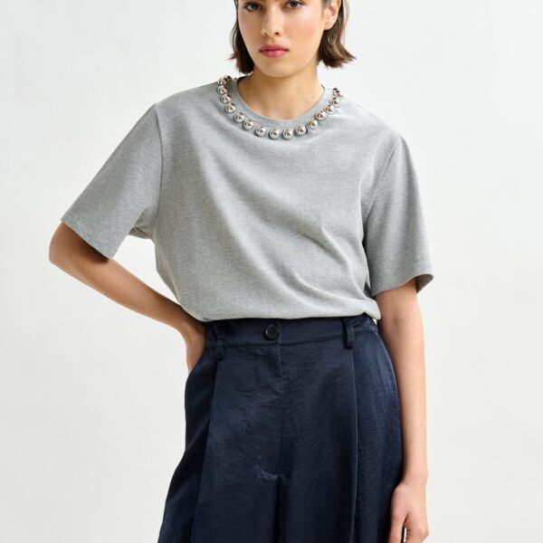 Essentiel Antwerp Grey and silver cotton T-shirt with metallic pearl-style embellishments - Essentiel Antwerp Shirts - Colorful Belgian Design - Shop at Coveti