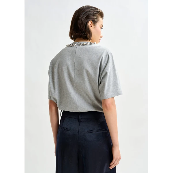 Essentiel Antwerp Grey and silver cotton T-shirt with metallic pearl-style embellishments Top, view 3