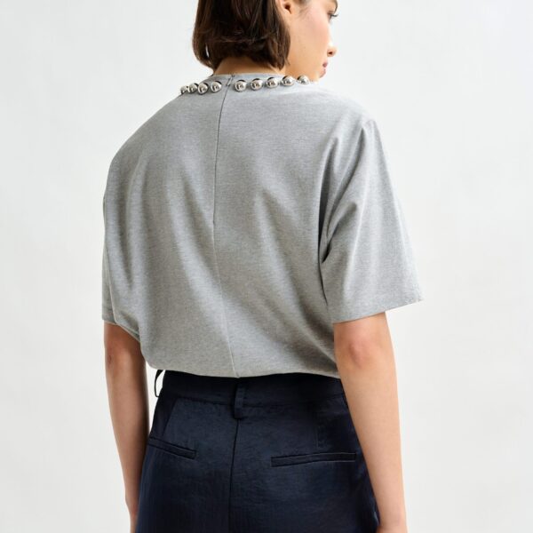 Essentiel Antwerp Grey and silver cotton T-shirt with metallic pearl-style embellishments - Essentiel Antwerp Shirts - Colorful Belgian Design - Shop at Coveti