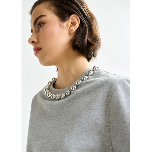 Essentiel Antwerp Grey and silver cotton T-shirt with metallic pearl-style embellishments Top, view 4