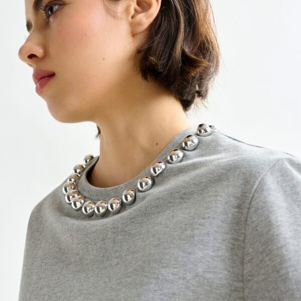 Essentiel Antwerp Grey and silver cotton T-shirt with metallic pearl-style embellishments - Essentiel Antwerp Shirts - Colorful Belgian Design - Shop at Coveti