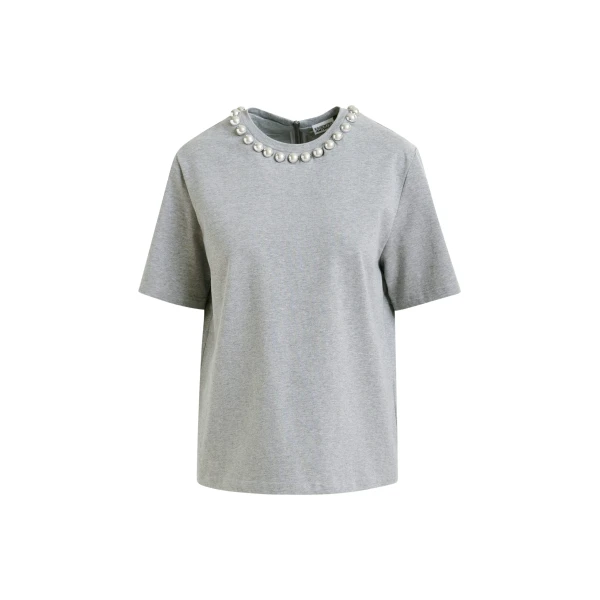 Essentiel Antwerp Grey and silver cotton T-shirt with metallic pearl-style embellishments - Essentiel Antwerp Shirts - Colorful Belgian Design - Shop at Coveti