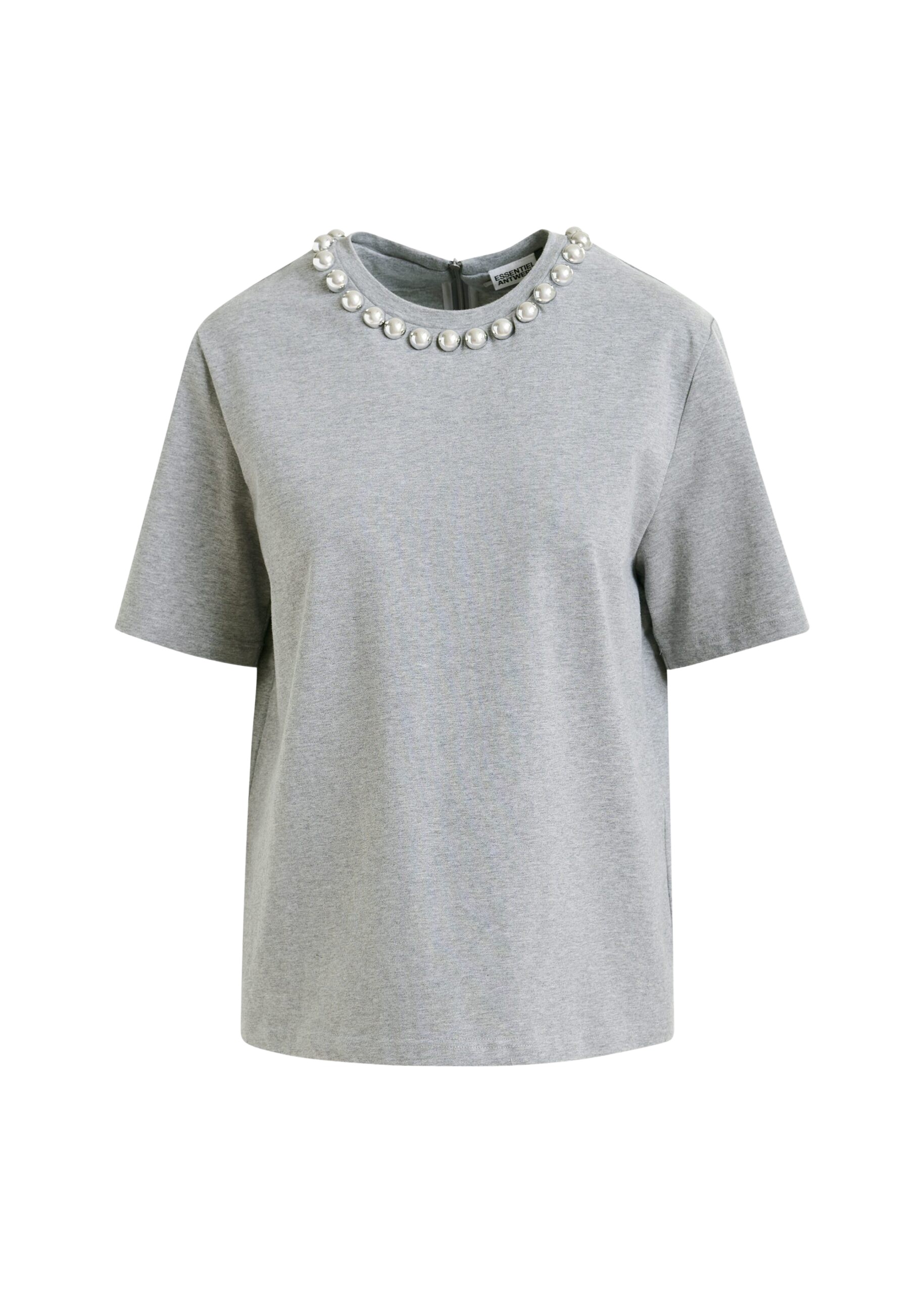 Essentiel Antwerp Grey and silver cotton T-shirt with metallic pearl-style embellishments - Essentiel Antwerp Shirts - Colorful Belgian Design - Shop at Coveti