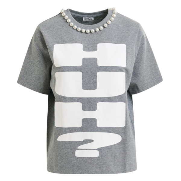 Essentiel Antwerp Grey and white cotton T-shirt with "HUH?"- print and bead embellishments - Essentiel Antwerp Shirts - Colorful Belgian Design - Shop at Coveti