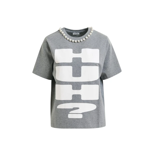 Essentiel Antwerp Grey and white cotton T-shirt with "HUH?"- print and bead embellishments - Essentiel Antwerp Shirts - Colorful Belgian Design - Shop at Coveti