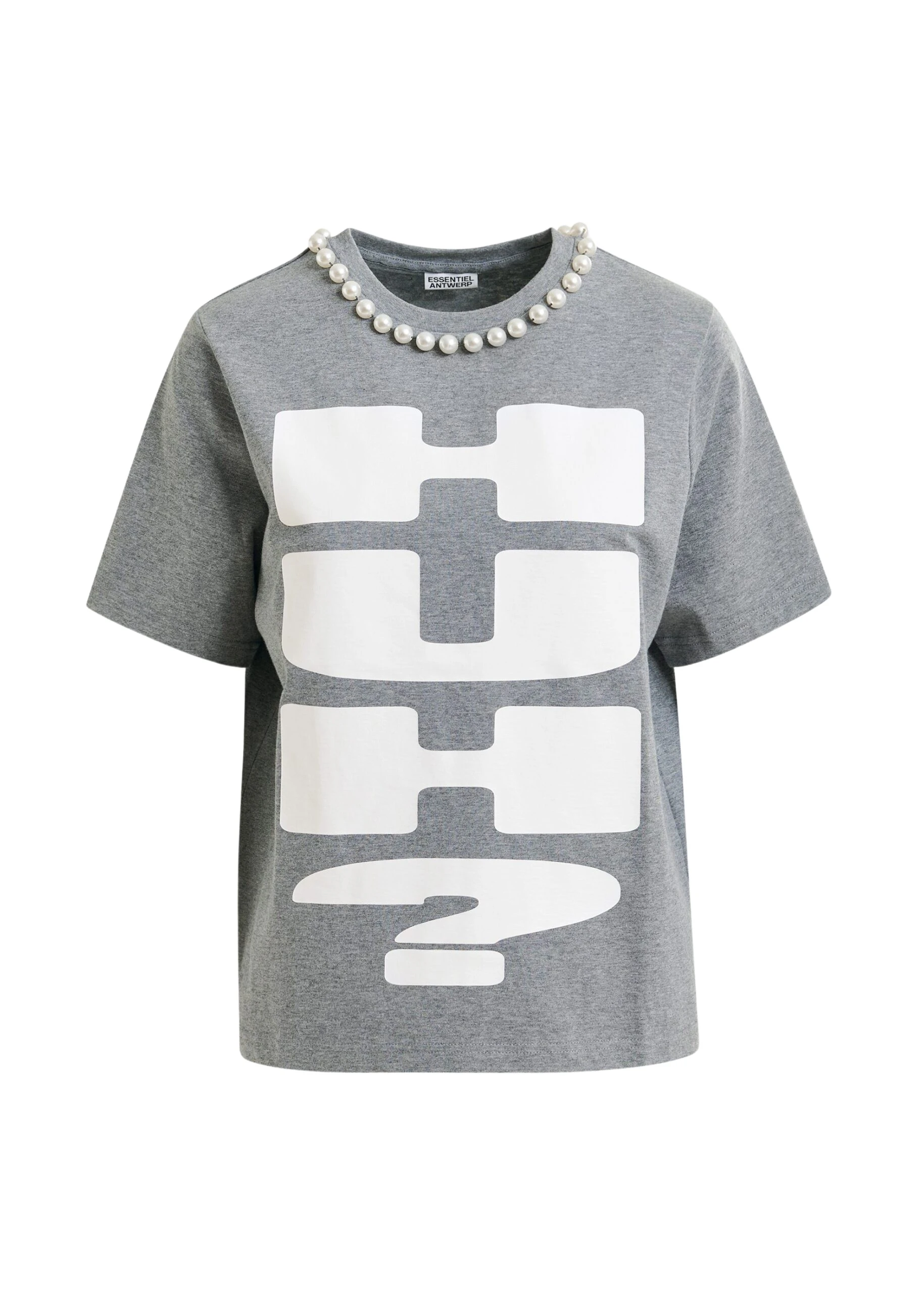 Essentiel Antwerp Grey and white cotton T-shirt with "HUH?"- print and bead embellishments - Essentiel Antwerp Shirts - Colorful Belgian Design - Shop at Coveti