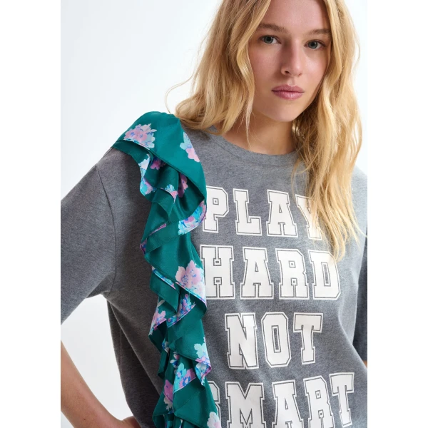 Essentiel Antwerp Grey and white printed cotton T-shirt with turquoise cascading frills Top, view 2