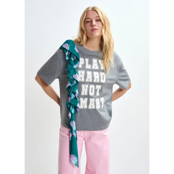 Essentiel Antwerp Grey and white printed cotton T-shirt with turquoise cascading frills Top, view 3