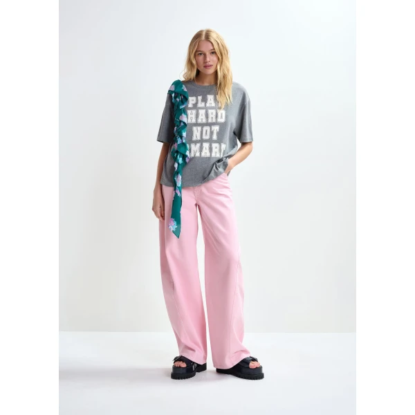 Essentiel Antwerp Grey and white printed cotton T-shirt with turquoise cascading frills Top, view 5