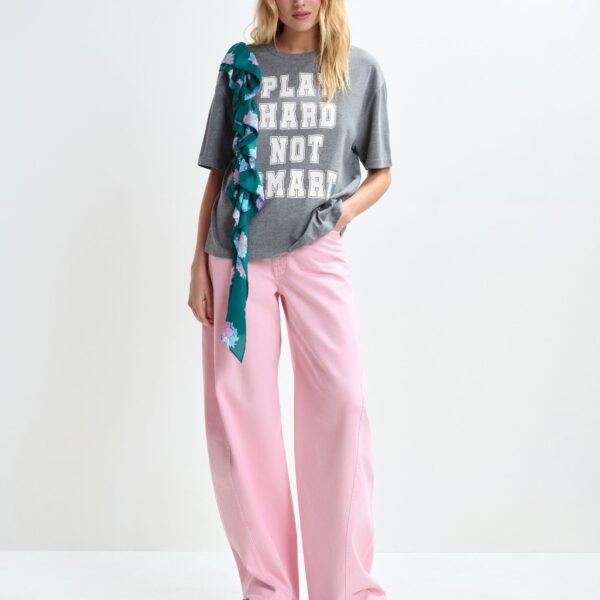 Essentiel Antwerp Grey and white printed cotton T-shirt with turquoise cascading frills - Essentiel Antwerp Shirts - Colorful Belgian Design - Shop at Coveti